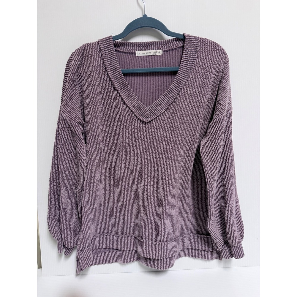 Altar'd State Purple V-Neck Knit Sweater XS Mauve Oversized Thermal Pullover